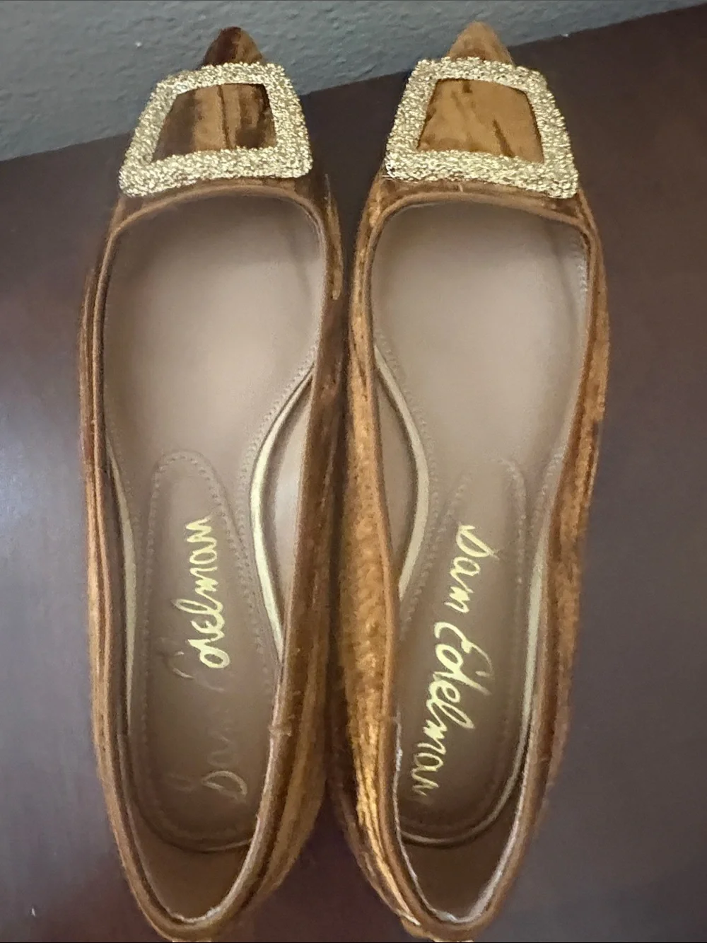 Sam Edelman Brown Velvet Pointed Flats with Gold Buckle size 8 NWOT